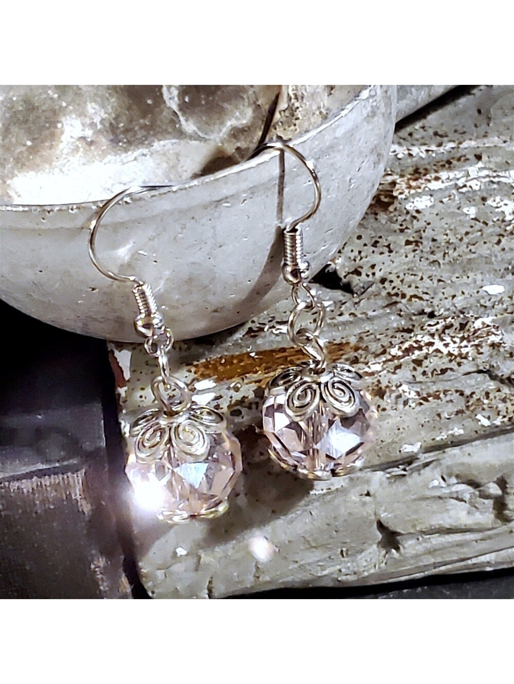 Vintage Light Pink Crystal Beads Antique Silver Carved Accents Earrings - Picture 2 of 10